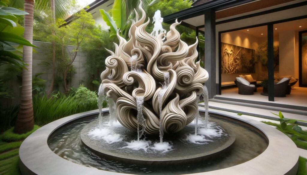 Sculptural backyard water Fountain doubles as a piece of sculpture adding both visual interest and the soothing sound of water