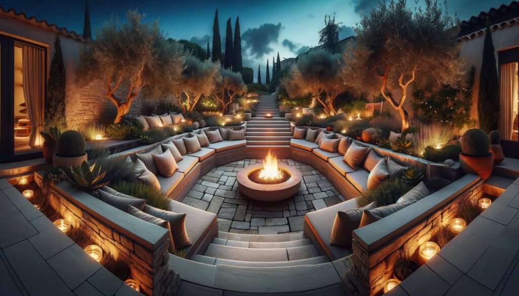 Sunken seating area with a central fire pit