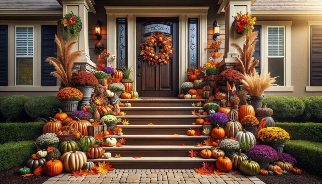 The front steps of a home are adorned with seasonal decorations