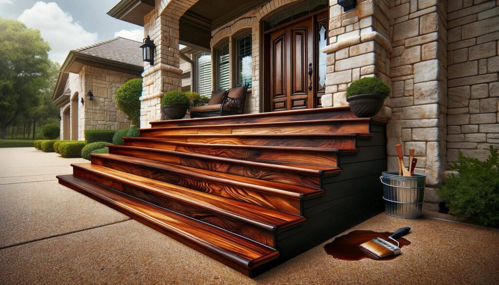 The front steps of a home richly stained wood finish