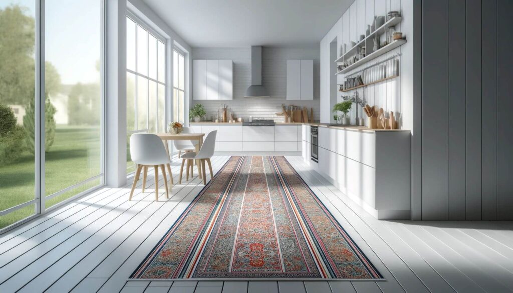 The kitchen floor is adorned with a patterned runner that stretches across