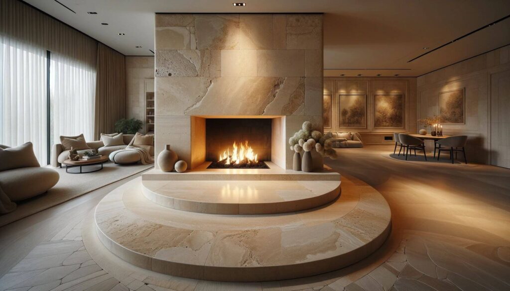 Travertine tiles lend a subtle elegance to the hearth