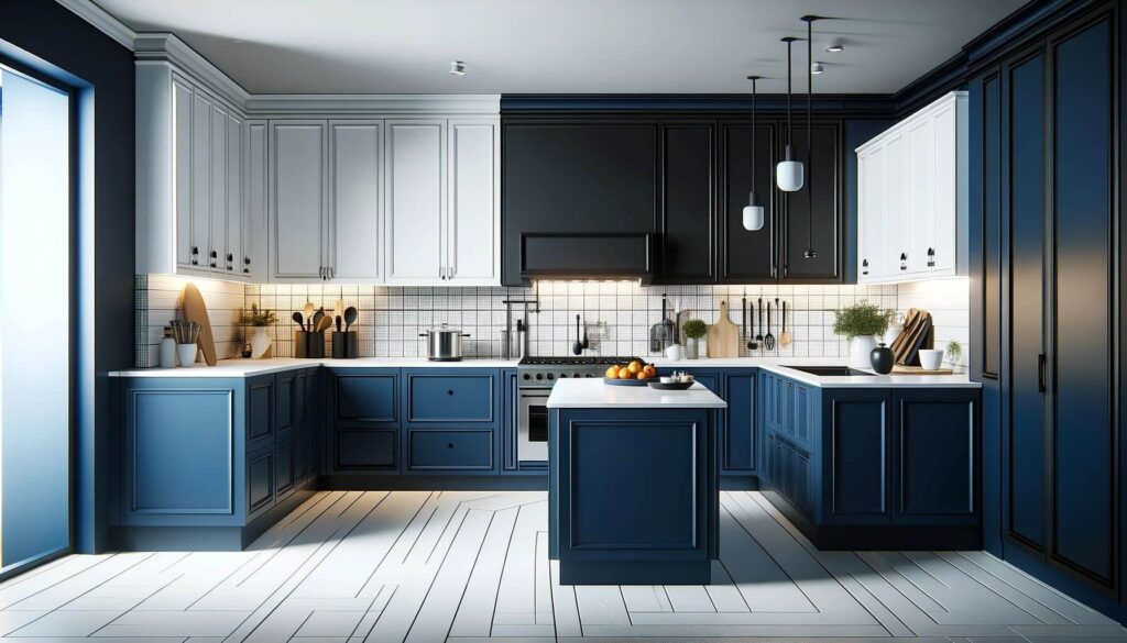Two-Tone Elegance Combine Navy blue kitchen lower cabinets with white upper cabinets