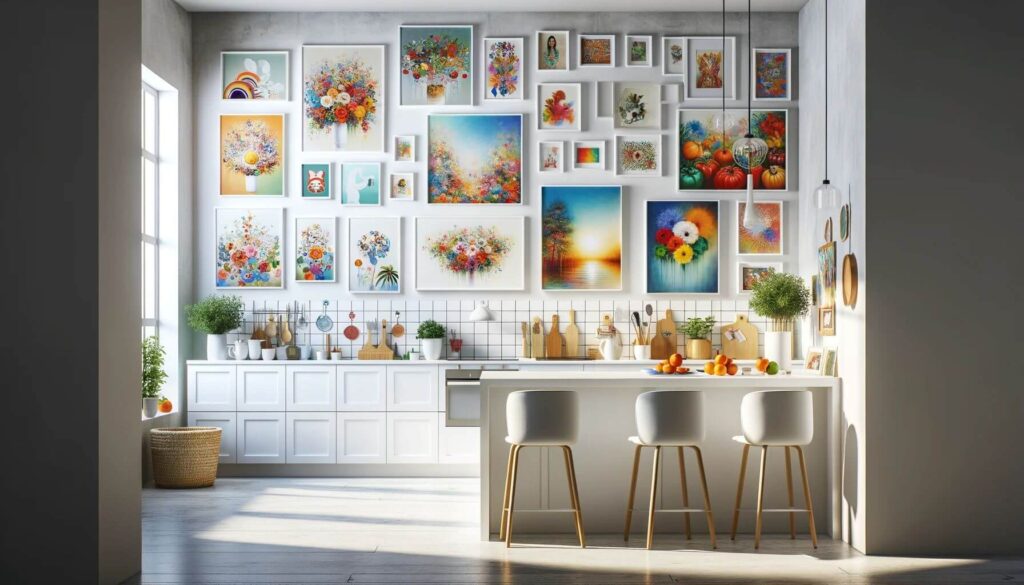 White kitchen personalized with the addition of colorful artwork and wall decor