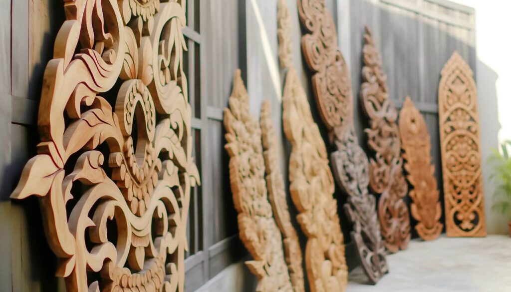 Wooden Carvings Adding depth with natural elements and craftsmanship in bohemian design.