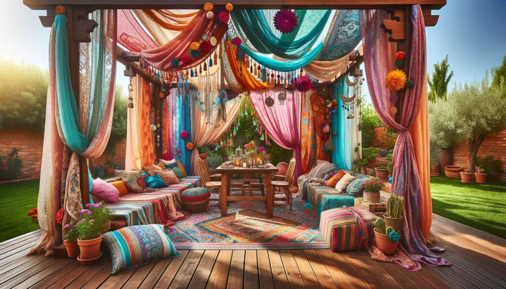A Bohemian-style pergola decorated with colorful curtains and soft