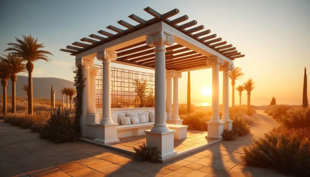 A Mediterranean-inspired pergola with white stucco pillars and terracotta tiles