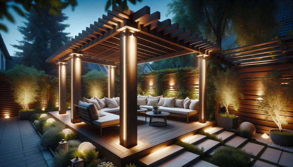 A beautifully designed pergola with built-in lighting embedded within its structure