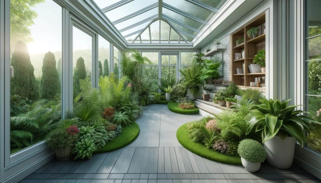 A beautifully integrated sunroom with lush indoor plants, a seamless indoor and outdoor environments