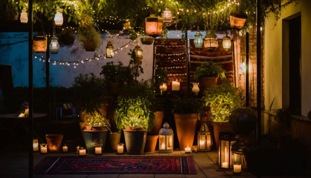 A bohemian patio illuminated by lanterns and fairy lights Decorative