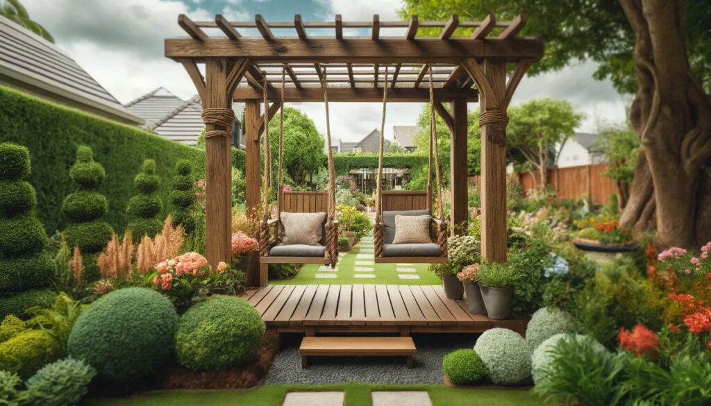 A charming pergola with swing seats