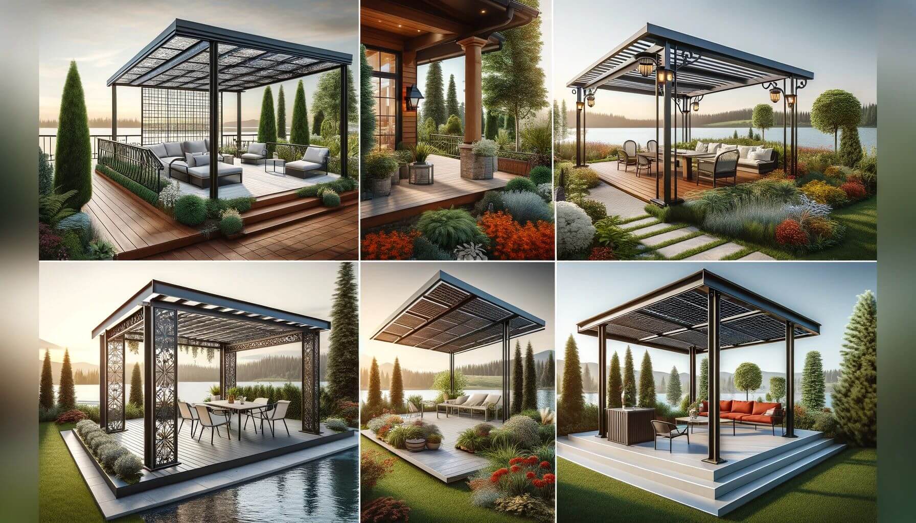 A collage of four metal pergolas each in different settings with various customization options