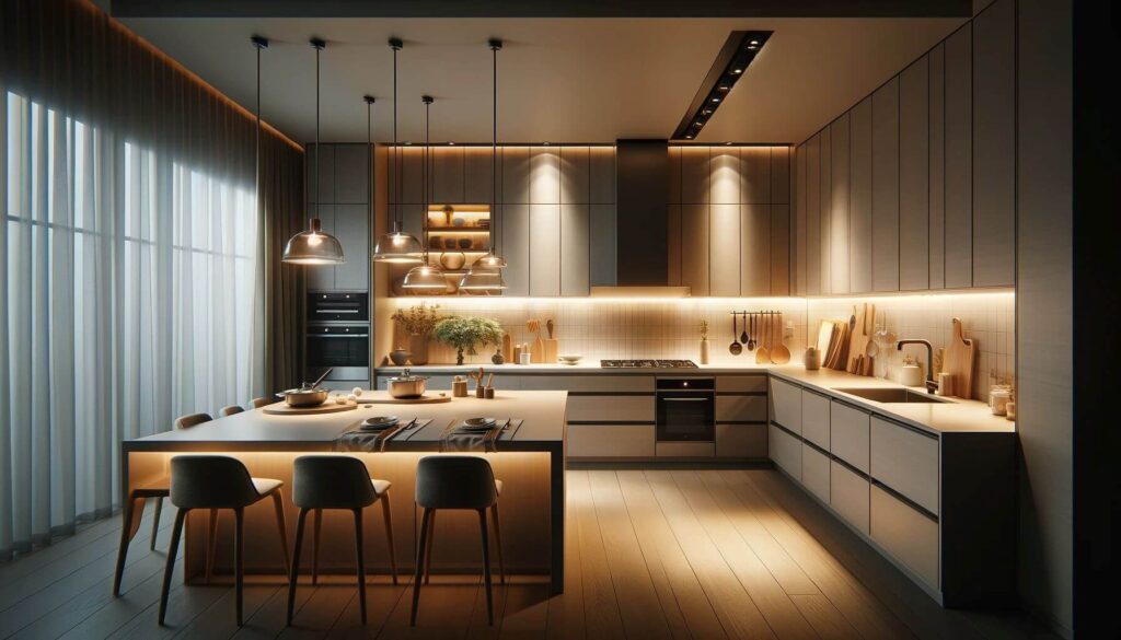 A contemporary kitchen under-cabinet lighting