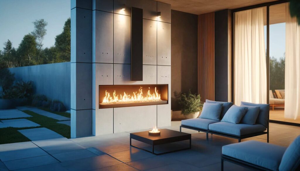 A contemporary outdoor setting with a wall-mounted fireplace