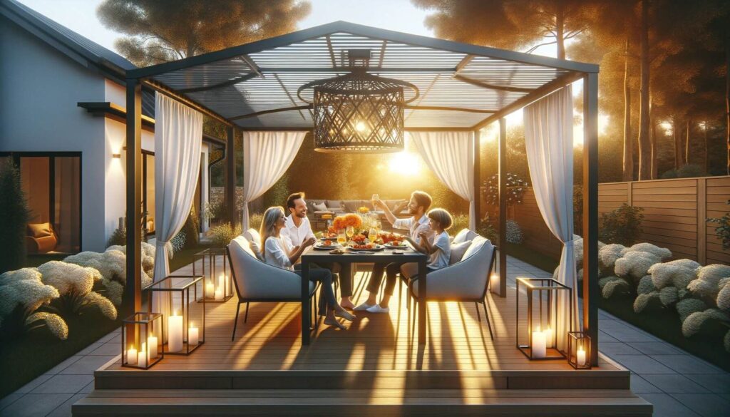 A family of four enjoying a meal under an elegant metal pergola with a white canopy