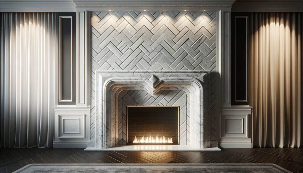 A fireplace surround a sophisticated herringbone white marble inlay