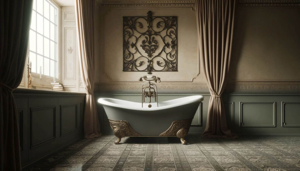 A freestanding bathtub surrounded by ornamental iron works