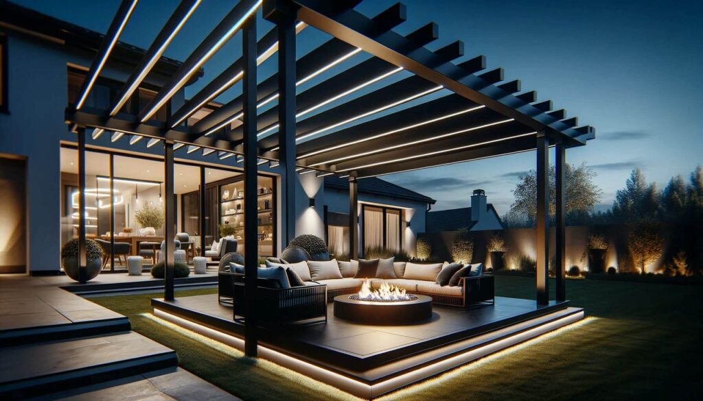 A luxurious metal pergola painted black with integrated LED strip lighting along its beams