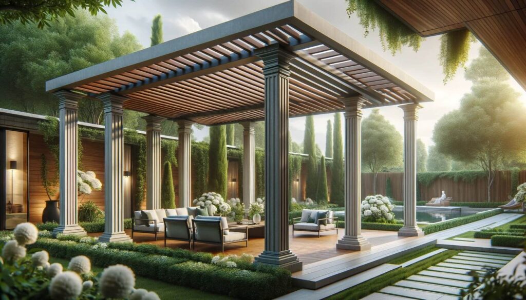 A luxury pergola with adjustable louvered roof panels
