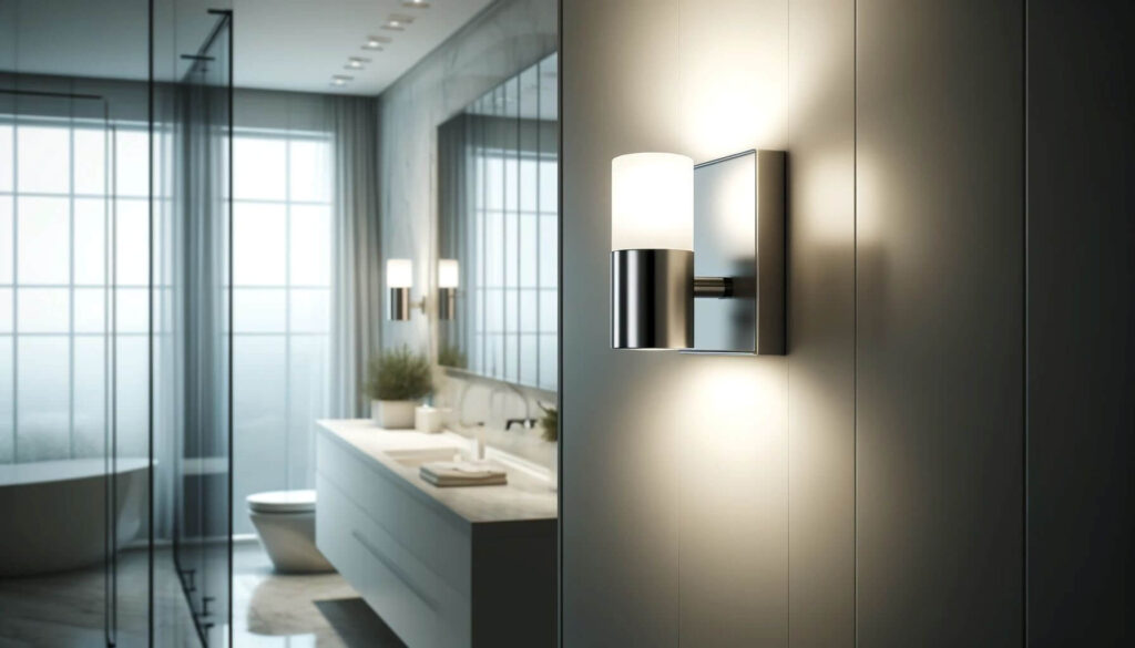 A minimalist modern bathroom a Sleek LED Wall Sconce with a soft