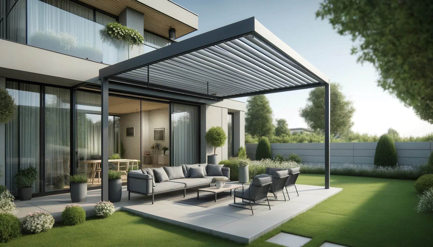 A modern and stylish metal pergola with a retractable grey canopy attached to a contemporary house