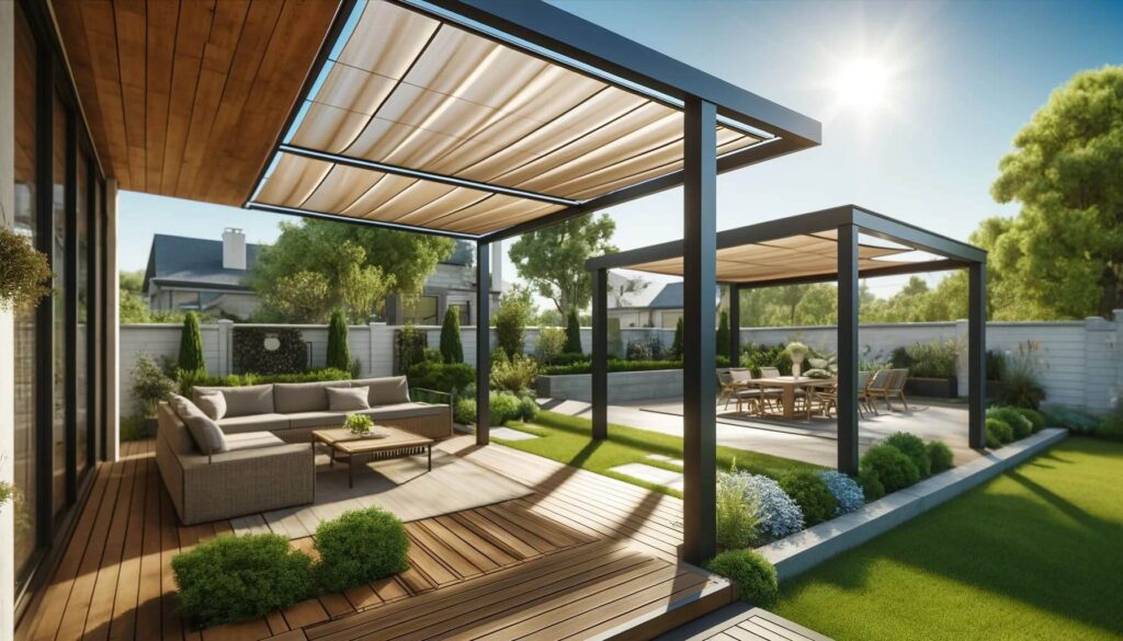 A modern backyard with pergola equipped with a retractable canopy