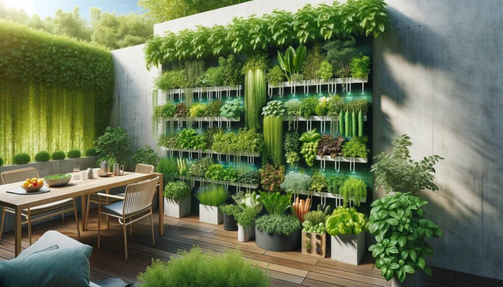 A patio enhanced with an edible plant wall