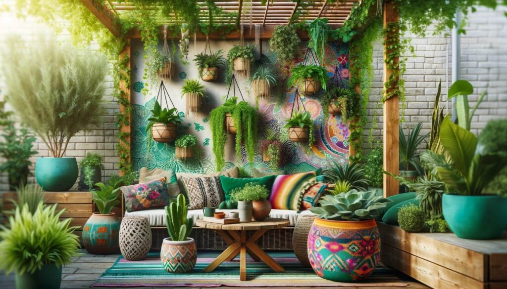 A patio space with a vertical garden and hanging planters in boho chic patio