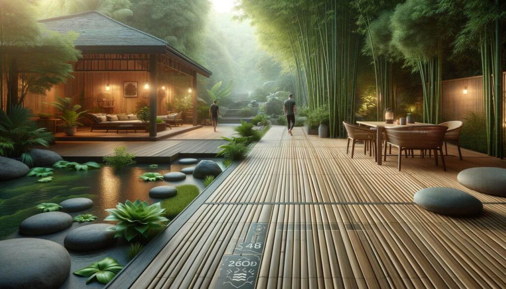 A peaceful outdoor bamboo floor in a warm climate showcasing thermal properties