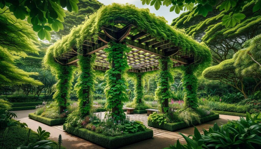 A pergola covered in climbing vines