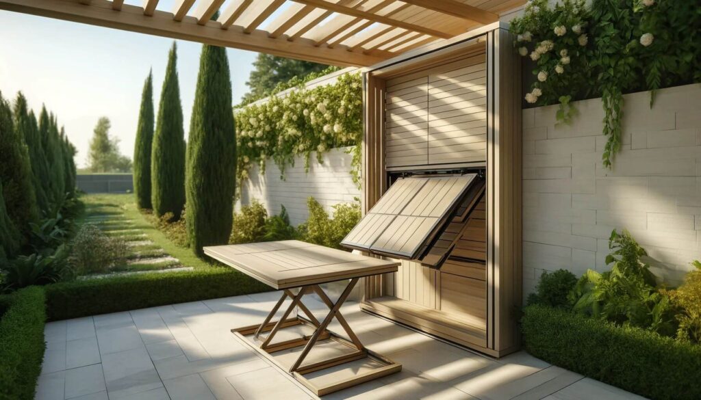 A pergola with wall-mounted fold-down tables
