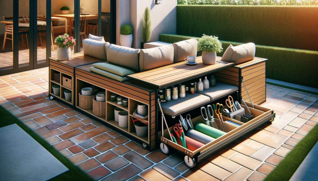 A practical patio setup with roll-away storage solutions