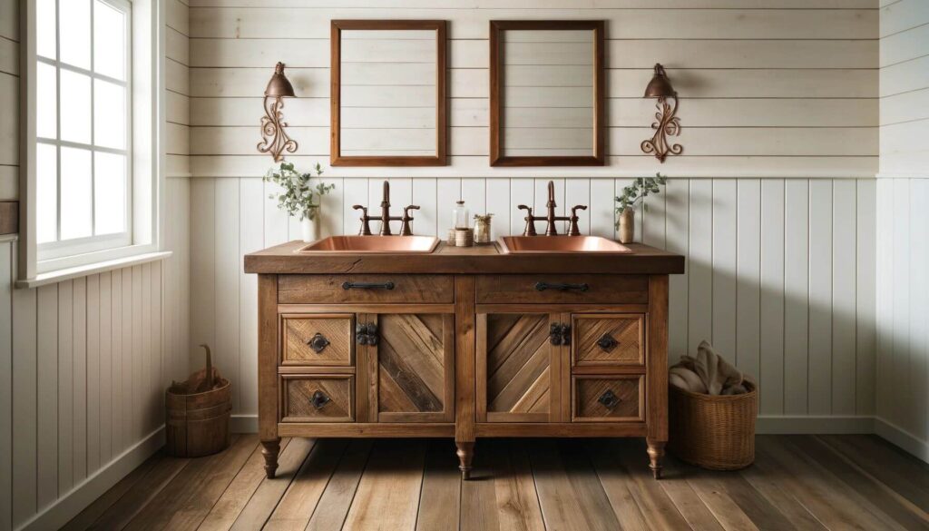 A reclaimed wood bathroom vanity with twin copper sinks