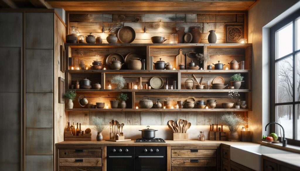A rustic kitchen open shelving as a design statement