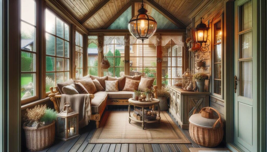 A sunroom with rustic decor and vintage elements