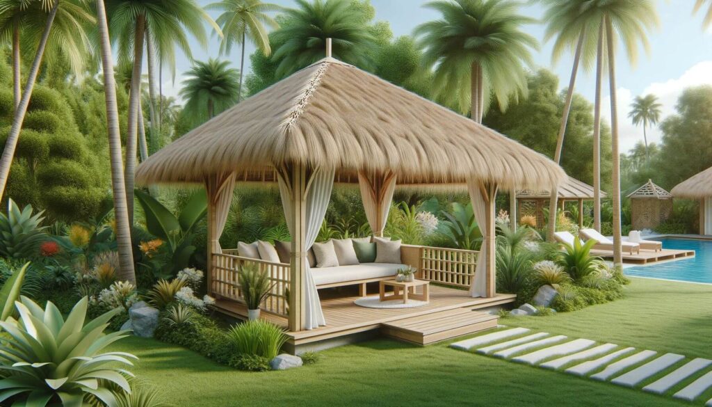 A tropical-themed pergola with a thatched roof
