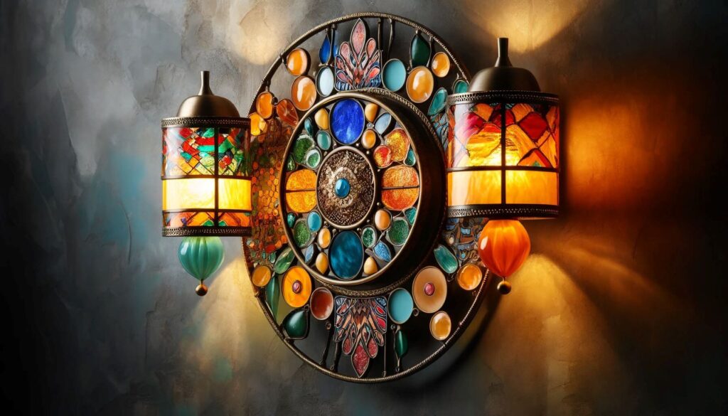 An eclectic boho wall fixture combining vibrant colors and metallic details