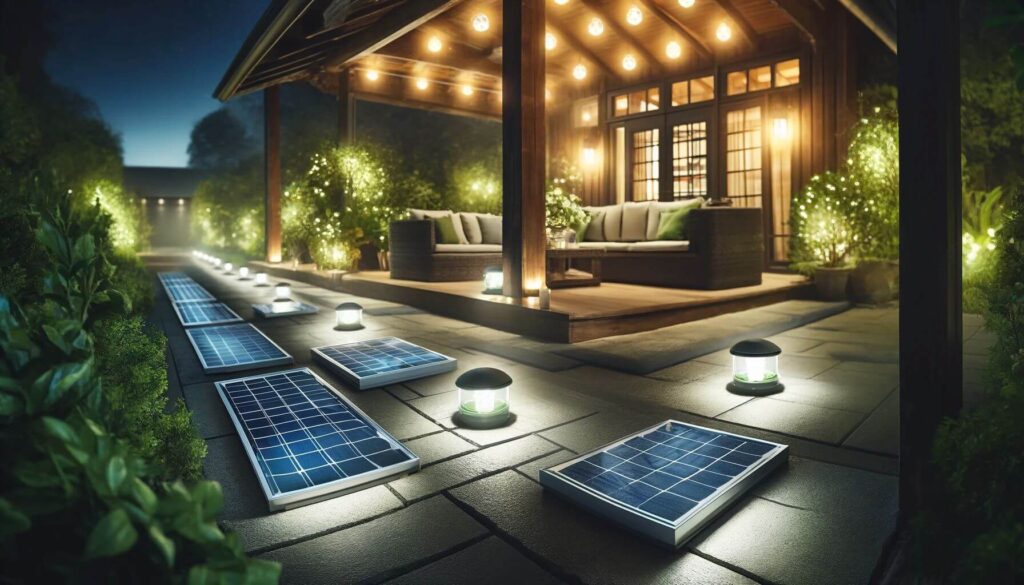 An eco-friendly patio illuminated by solar-powered lights