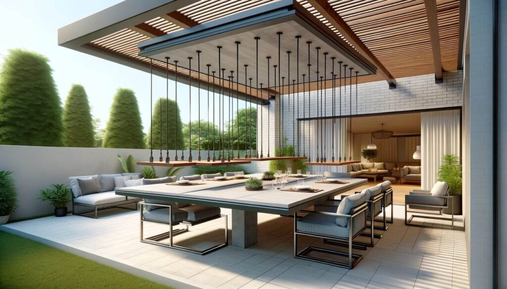 An innovative patio design with suspended table tops that are hung from the ceiling or a pergola beam