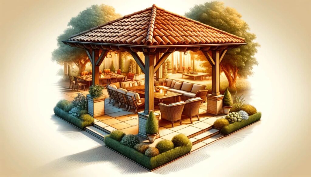 An outdoor gathering space under a pergola with terracotta tile roofing