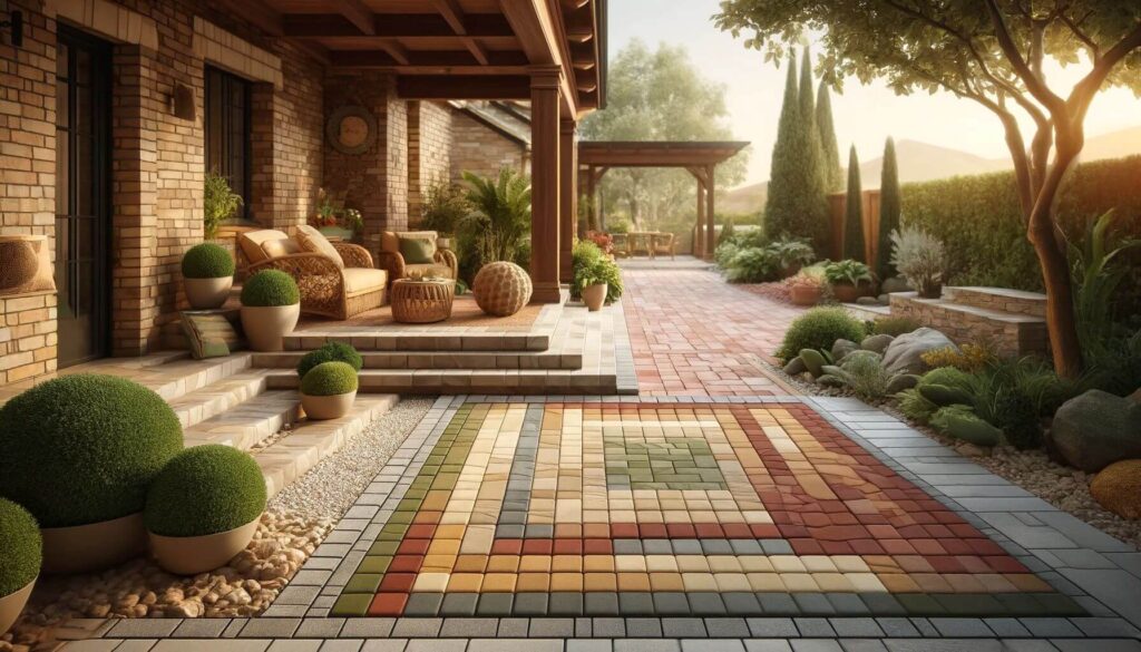 An outdoor patio area with a warm color palette with pavers in hues of terracotta