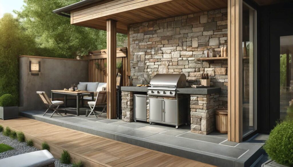 Back yard Simple Outdoor Kitchen with Stone Facade and Grill Area