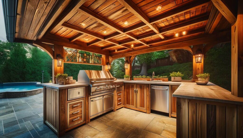 Backyard Outdoor kitchen under a cedar patio cover
