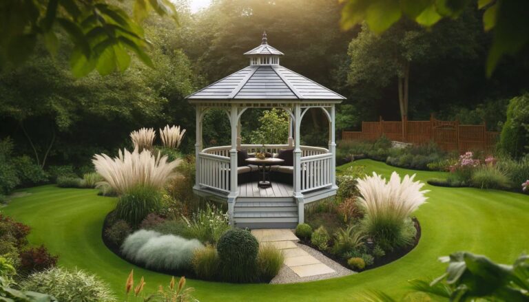 Beautifully integrated gazebo in a backyard garden