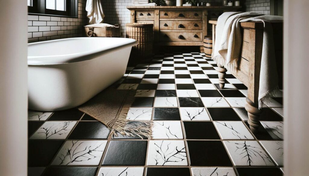 Black and white checkerboard tile floor