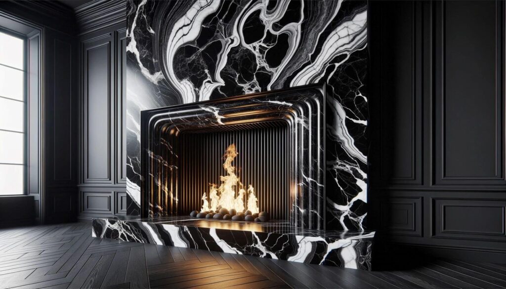 Black marble with white veins fireplace