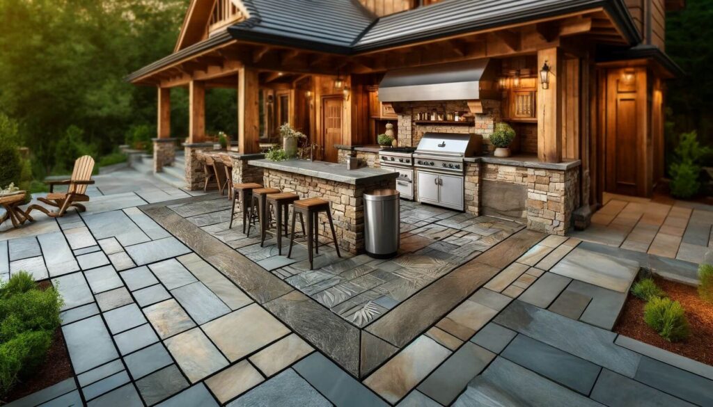 Carvestone patio extending into a functional outdoor kitchen area