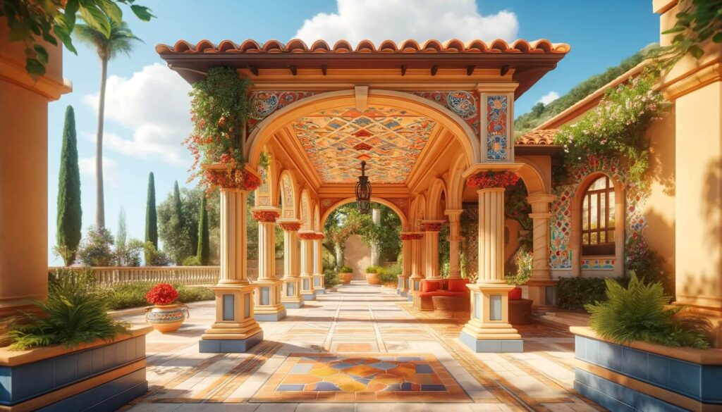 Classic Mediterranean Inspired Pergolas with stucco columns, terracotta tiles
