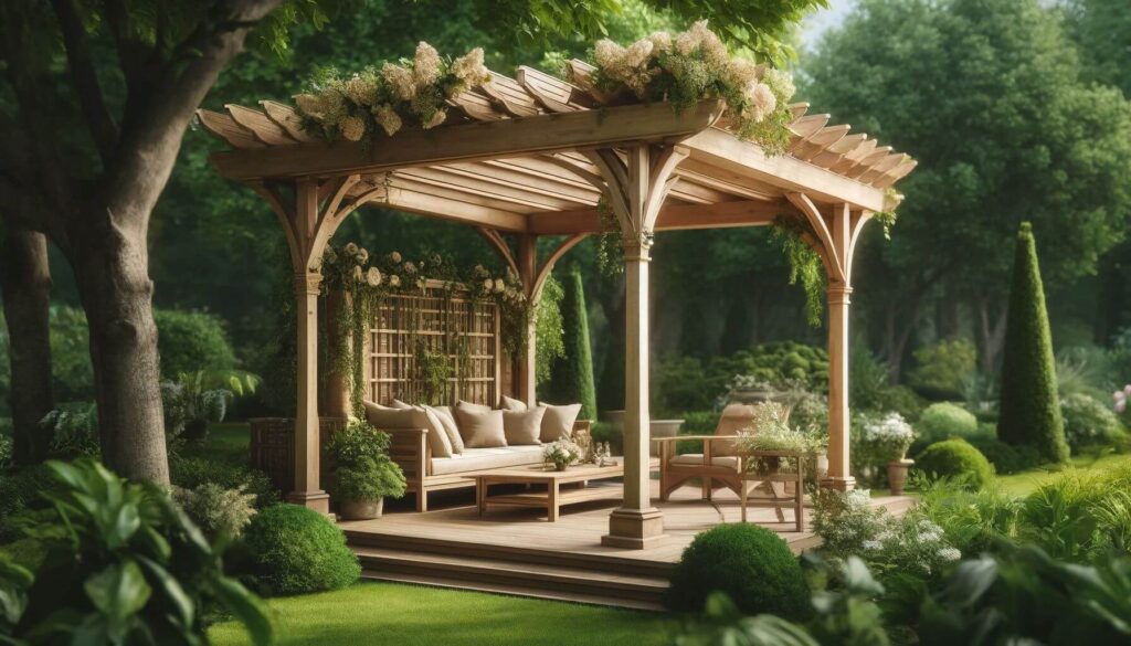 Classic Wooden Charm gazebo pergola in a lush garden setting
