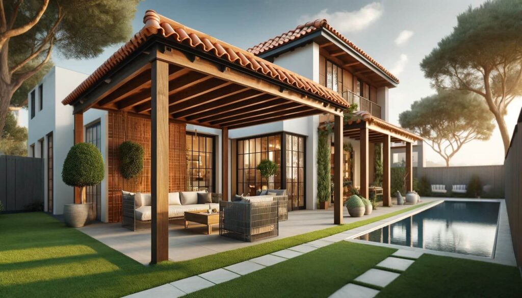 Contemporary Home Backyard with a pergola with terracotta tile roofing